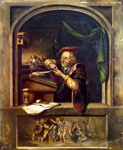 Antique early 20C European oil painting: ARTIST: - (Europe, early 20 century) TITLE: Man Sharpening Quill MEDIUM: oil on metal CONDITION: Small paint losses mostly along edges. Very minor craquelure. Some small s