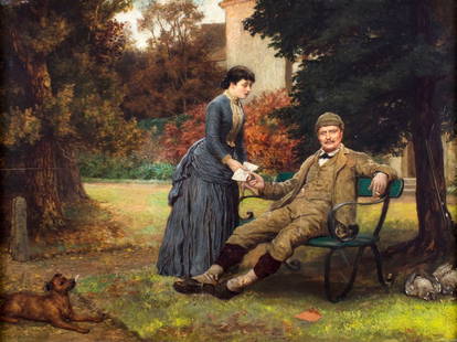 John Evan Hodgson (UK,1831-1895) oil painting antique: ARTIST: John Evan Hodgson (British, 1831 - 1895) NAME: Return from the Shoot YEAR: 1888 MEDIUM: oil on board CONDITION: Horizontal crack to left edge of board. Very minor