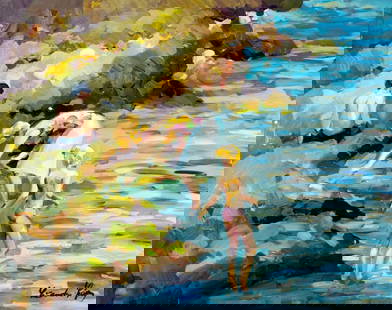 Lisandro Baylon (Argentina,US,1951-?) oil painting: ARTIST: Lisandro Lopez Baylon (Argentinian, American, 1951 - ???) TITLE: Beach Scene MEDIUM: oil on canvas CONDITION: Unstretched (In-House stretching available). Few mino