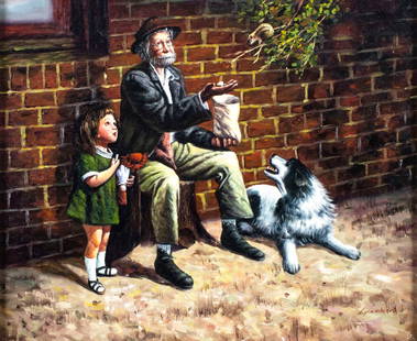 Lockwood (US,20C) oil painting: ARTIST: Lockwood (American, 20 century) TITLE: Feeding Squirrel MEDIUM: oil on canvas CONDITION: Some paint losses mostly by the lower edge (see pictures carefully). Minor s