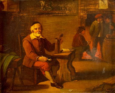 Antique early 20C European oil painting: ARTIST: - (Europe, early 20 century) TITLE: Taverne Scene MEDIUM: oil on board CONDITION: Few very minor paint losses. No visible inpaint under UV light. ART S