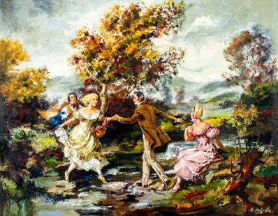 M Vidiella (Europe,20C) oil painting: ARTIST: M Vidiella (European, 20 century) TITLE: Crossing the Stream MEDIUM: oil on canvas CONDITION: Unstretched (In-House stretching available). Few small paint losses mos