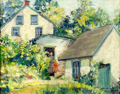 Ruth Braun (NY,DC,1906-2003) oil painting antique: ARTIST: Ruth Light Braun (New York, District Of Columbia, 1906 - 2003) TITLE: Landscape with Cottage YEAR: 1933 MEDIUM: oil on canvas CONDITION: Some p
