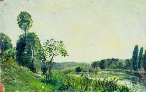 John Mansfield (MA,CT,1849-1933) oil painting antique: ARTIST: John Worthington Mansfield (Massachusetts, Connecticut, 1849 - 1933) TITLE: Forest River Landscape MEDIUM: oil on canvas. Canvas applied to board. CONDITION: Some
