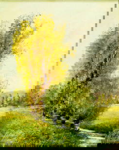 Lilly (French,early 20C) oil painting antique: ARTIST: Lilly (France, early 20 century) TITLE: Autumn Landscape MEDIUM: oil on canvas CONDITION: Relined. Missing a few flakes of paint. Some craquelure. Some scattered i