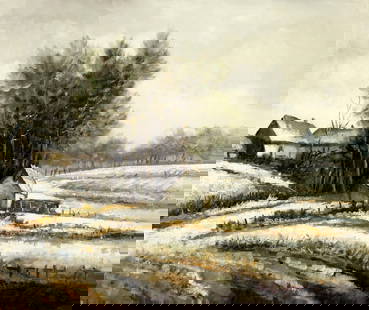 Bernard Slotman (Dutch,1929-?) oil painting: ARTIST: Bernard Hendrik Slotmann (Netherlands, 1929 - ???) TITLE: Winter Country Landscape MEDIUM: oil on canvas CONDITION: Unstretched (In-House stretching available). Ve