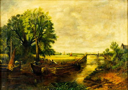 D Graham (US,mid 20C) oil painting: ARTIST: D Graham (American, mid 20 century) TITLE: River Landscape with Boats YEAR: 1946 MEDIUM: oil on canvas CONDITION: Some craquelure. Some scattered