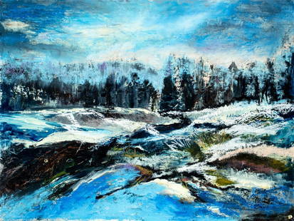 Vintage mid 20C American oil painting signed: ARTIST: - (American, mid 20 century) TITLE: Winter Landscape MEDIUM: oil on board CONDITION: Minor scratches/paint losses mostly along edges. No visible inpaint under UV