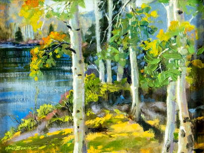 Karen Bonnie (CO,WI,b 1951) oil painting: ARTIST: Karen Bonnie (Colorado, Wisconsin, born 1951) TITLE: Aspens on the Lake (titled on verso) YEAR: 2002 MEDIUM: oil on canvas. Canvas applied to board. CONDI