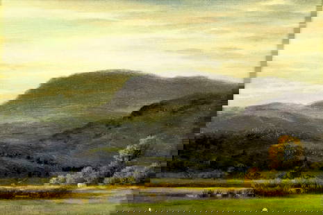 Henry Cheadle (UK,1852-1910) oil painting antique: ARTIST: Henry Cheadle (United Kingdom, 1852 - 1910) TITLE: Mountain Landscape MEDIUM: oil on canvas. Canvas applied to board. CONDITION: Overall good. No visible inpaint u