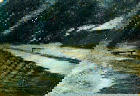 Antique early 20C American oil painting: ARTIST: - (American, early 20 century) TITLE: Winter Stream Landscape MEDIUM: oil on board CONDITION: Some damages to edges and corners. Some scratches/paint losses. No vi