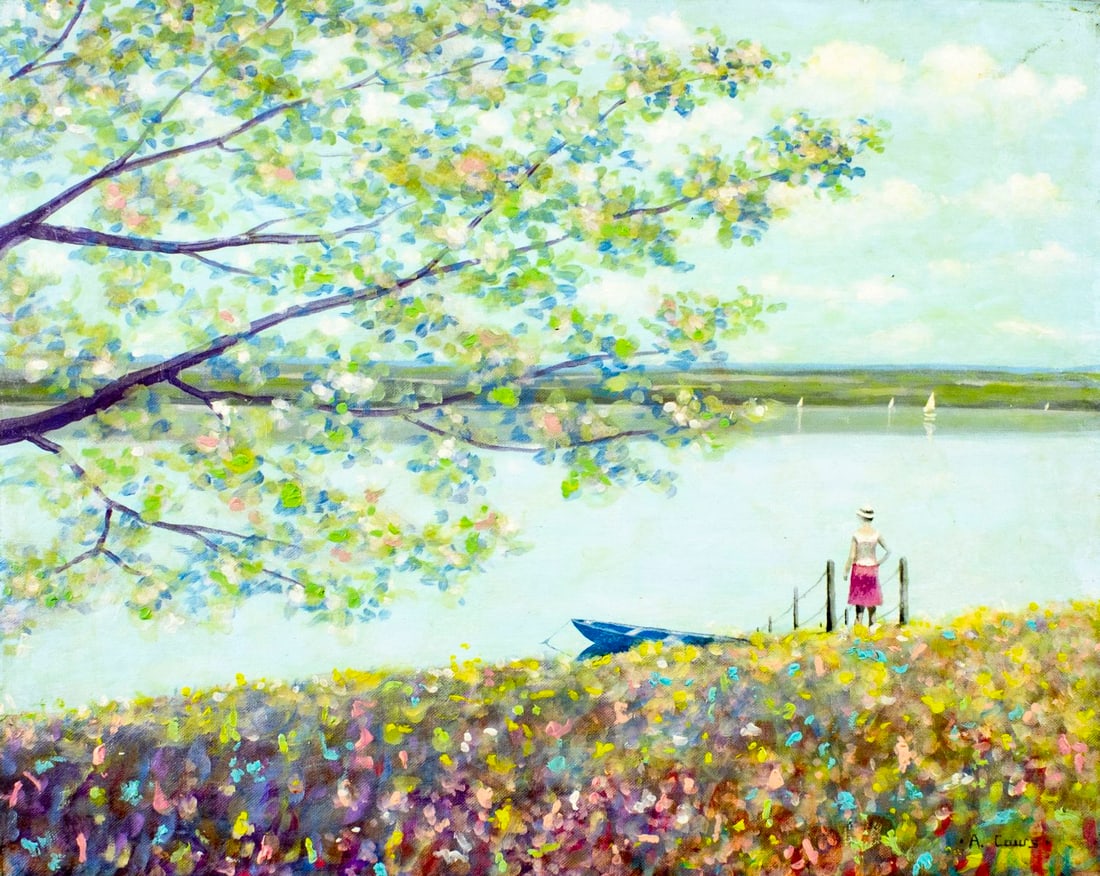 Alan Cours (OH,NY,1950-?) oil painting: ARTIST: Alan David Cours (Ohio, New York, 1950 - ???) TITLE: Coastal Landscape with Boat MEDIUM: oil on canvas CONDITION: Unstretched (In-House stretching available). Over