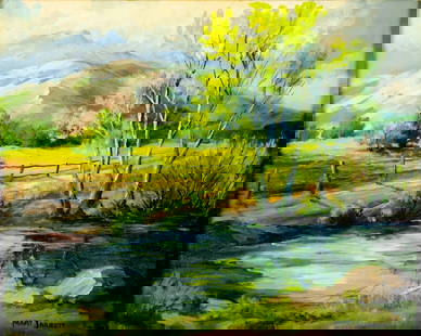 Mary Jarrett (CA,1912-1983) oil painting: ARTIST: Mary Adolyn Jarrett (California, 1912 - 1983) TITLE: Country Pond Landscape (titled on verso) MEDIUM: oil on canvas CONDITION: One minor paint loss. No visible inp