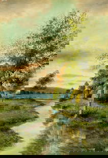 George Howell Gay (NY,WI,1858-1931) watercolor painting antique: ARTIST: George Howell Gay (New York, Wisconsin, 1858 - 1931) TITLE: River Landscape MEDIUM: watercolor on paper. Paper applied to board. CONDITION: Some damages to corners