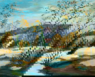 George Holloway (NJ,20C) oil painting: ARTIST: George Holloway (New Jersey, 20 century) TITLE: Winter Stream Landscape MEDIUM: oil on board CONDITION: Small surface crack by the upper left corner. Minor damages t