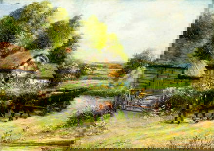 Robert John Hammond (UK,1853-1911) oil painting antique: ARTIST: Robert John Hammond (United Kingdom, 1853 - 1911) TITLE: Village Landscape with Horse Wagon MEDIUM: oil on canvas CONDITION: Few small paint losses mostly along ed
