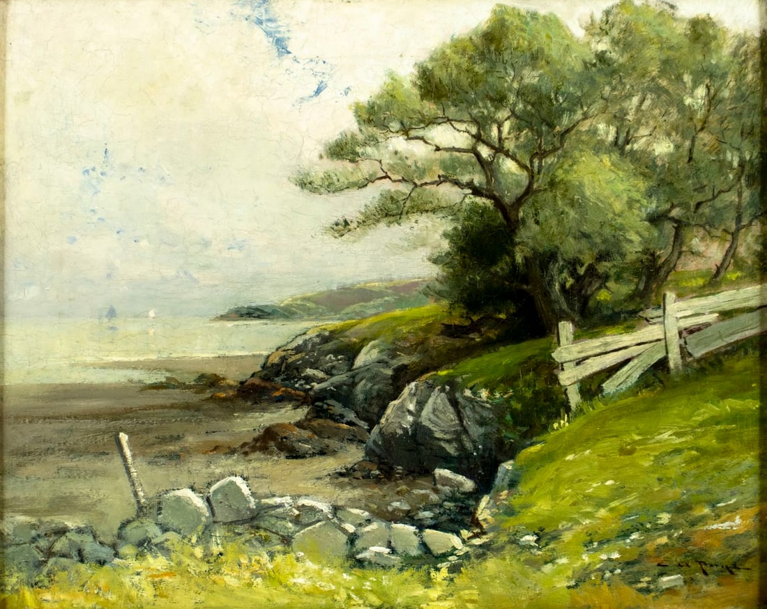 Edward Page (MA,1850-1928) oil painting antique: ARTIST: Edward A Page (Massachusetts, 1850 - 1928) TITLE: Landscape - Lynn Beach at Red Rock, MA MEDIUM: oil on canvas CONDITION: Relined. Some craquelure. Some scattered