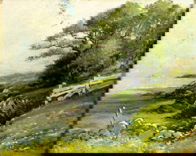 Edward Page (MA,1850-1928) oil painting antique: ARTIST: Edward A Page (Massachusetts, 1850 - 1928) TITLE: Landscape - Lynn Beach at Red Rock, MA MEDIUM: oil on canvas CONDITION: Relined. Some craquelure. Some scattered