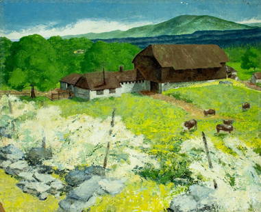 Vintage 20C American oil painting: ARTIST: - (American, 20 century) TITLE: Farm Landscape MEDIUM: oil on board CONDITION: Some damages to the left corners. Few minor scratches/paint losses mostly along edge