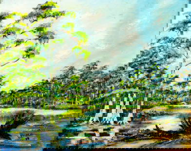 Jerry L DeVane (FL,?-2020) oil painting: ARTIST: Jerry L DeVane (Florida, ??? - 2020) TITLE: River Landscape YEAR: 1978 MEDIUM: oil on canvas board CONDITION: Some nail holes along edges. Few