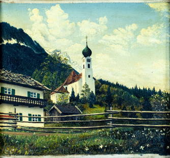 Antique early 20C German oil painting signed: ARTIST: - (Germany, early 20 century) TITLE: Church Landscape, Zugspitze, Grainau, Bavaria MEDIUM: oil on canvas CONDITION: Minor scratches/paint losses. Some craquelure.