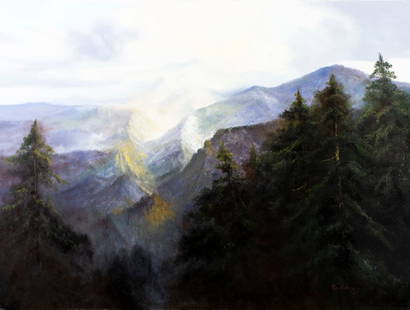 Ron Williams (TN,1947-2016) oil painting: ARTIST: Ron Williams (Tennessee, 1947 - 2016) TITLE: Mountain Landscape MEDIUM: oil on canvas CONDITION: Few small scratches/paint losses. No visible inpaint under UV ligh