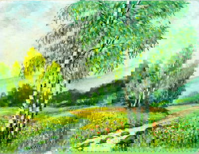 Vintage mid 20C American oil painting: ARTIST: - (American, mid 20 century) TITLE: Flower Field Landscape MEDIUM: oil on canvas CONDITION: One small patch. Some scratches/paint losses. No visible inpaint under