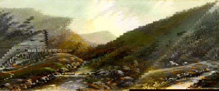Antique early 20C American oil painting signed: ARTIST: - (American, early 20 century) TITLE: Watermill Landscape YEAR: 1917 MEDIUM: oil on board CONDITION: Some damages to edges. Few small paint los