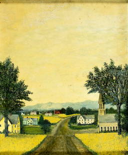 Vintage mid 20C American oil painting signed: ARTIST: - (American, mid 20 century) TITLE: Village Landscape MEDIUM: oil on canvas board CONDITION: Some scratches/paint losses. Some craquelure. No visible inpaint under