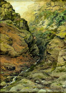 H Wegmann (US,mid 20C) oil painting: ARTIST: H Wegmann (American, mid 20 century) TITLE: Mountain Stream Landscape YEAR: 1952 MEDIUM: oil on canvas CONDITION: Minor scratches/paint losses mo