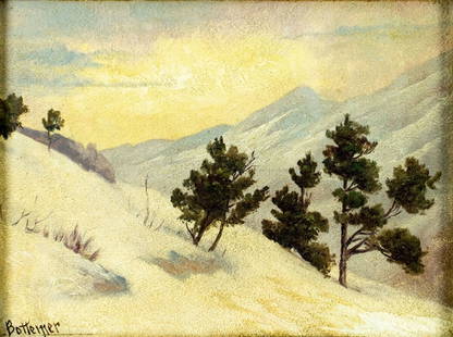 Lawrence Bottemer (US,early 20C) oil painting antique: ARTIST: Lawrence Bottemer (American, early 20 century) TITLE: Winter Mountain Landscape MEDIUM: oil on board CONDITION: Few small scratches/paint losses mostly along the upp