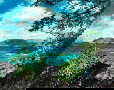 Evelyn Metzger (NY,Brazil,1911-2007) oil painting: ARTIST: Evelyn Borchard Metzger (New York, Brazilian, 1911 - 2007) TITLE: Coastal Landscape MEDIUM: oil on board CONDITION: Some small damages to corners. Few very minor s