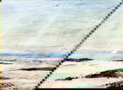 Raymond Hill (WA,CA,MA,1891-1980) oil painting antique: ARTIST: Raymond Leroy Hill (Washington, California, Massachusetts, 1891 - 1980) TITLE: Coastal Landscape MEDIUM: oil on board CONDITION: Some paint losses. Minor craquelur