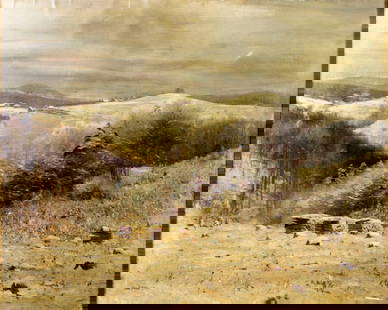 Anton Filkuka (Austria,1888-1957) oil painting: ARTIST: Anton Filkuka (Austrian, 1888 - 1957) TITLE: Winter Hilly Landscape MEDIUM: oil on canvas CONDITION: Relined. Few small tears (biggest 4" long). Some repaired tea
