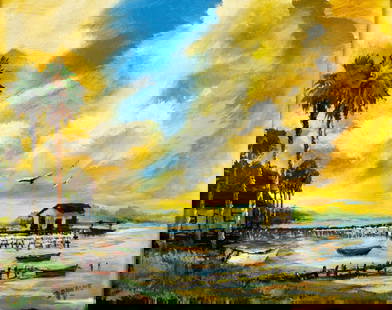 Jerry Devane (FL,20/21C) oil painting: ARTIST: Jerry Devane (Florida, 20/21 centuries) TITLE: Sunset Coastal Landscape YEAR: 2003 MEDIUM: oil on canvas CONDITION: Very good. No visible inpaint