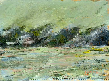 Bernard Lennon (NY,CT,1914-1992) oil painting: ARTIST: Bernard Lennon (New York, Connecticut, 1914 - 1992) TITLE: Winter Landscape MEDIUM: oil on board CONDITION: Few scratches/paint losses. No visible inpaint under UV