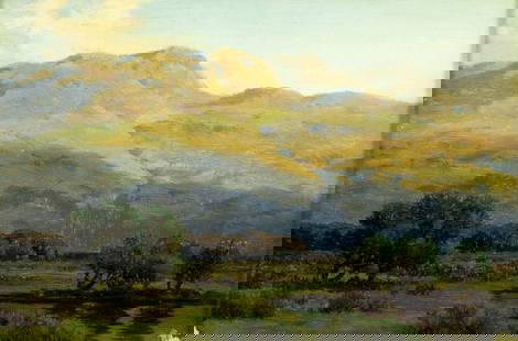 Henry Cheadle (UK,1852-1910) oil painting antique: ARTIST: Henry Cheadle (United Kingdom, 1852 - 1910) TITLE: Mountain Landscape MEDIUM: oil on canvas. Canvas applied to board. CONDITION: Minor damages to lower corners. No