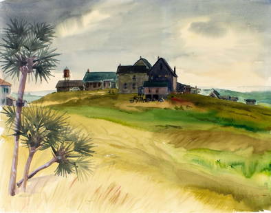 Wilfred Berg (MI,FL,1908-2002) watercolor painting: ARTIST: Wilfred (Wally) Theodore Berg (Michigan, Florida, 1908 - 2002) TITLE: Coastal Village Landscape MEDIUM: watercolor on heavy paper CONDITION: One small tear to th