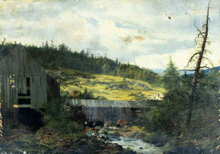 Antique 19C American oil painting: ARTIST: - (American, 19 century) TITLE: Mountain Stream Landscape MEDIUM: oil on canvas CONDITION: Some patches. Some damages to edges and corners of the canvas. Some pain