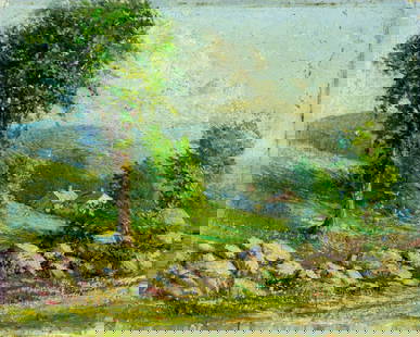 Vintage mid 20C American oil painting signed: ARTIST: - (American, mid 20 century) TITLE: Countryside Landscape YEAR: 1921 MEDIUM: oil on canvas board CONDITION: Minor damages to upper corners. Som