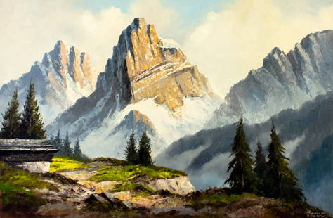 Rudolf Adamek (Europe,20C) oil painting: ARTIST: Rudolf Adamek (European, 20 century) TITLE: Mountain Landscape MEDIUM: oil on canvas CONDITION: Unstretched (In-House stretching available). Few minor paint losses.