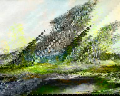 Joseph Fruhmesser (Austria,Germany,1928-1995) oil painting: ARTIST: Joseph Josef Fruhmesser (Austrian, German, 1928 - 1995) TITLE: Mountain Lake Landscape MEDIUM: oil on canvas CONDITION: Unstretched (In-House stretching available)
