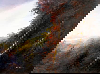Ron Williams (TN,1947-2016) oil painting: ARTIST: Ron Williams (Tennessee, 1947 - 2016) TITLE: Autumn Mountain Landscape MEDIUM: oil on canvas CONDITION: Very good. No visible inpaint under UV light. Normal wear a