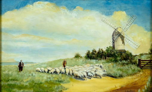 A Goodwin (Europe,19C) oil painting antique: ARTIST: A Goodwin (European, 19 century) TITLE: Windmill Landscape with Flock of Sheep MEDIUM: oil on board CONDITION: Minor scratches/paint losses mostly along the upper e