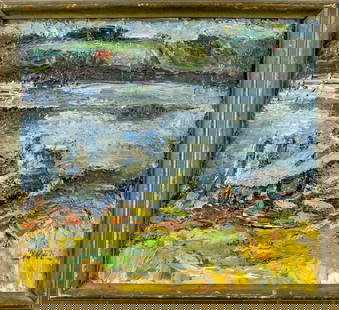 Vintage mid 20C American oil painting signed: ARTIST: - (American, mid 20 century) TITLE: Landscape MEDIUM: oil on board CONDITION: Missing a few flakes of paint. No visible inpaint under UV light. Wear to frame. <