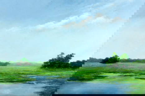 Materese Roche (PA,?-2023) oil painting: ARTIST: Materese Kelly Roche (Pennsylvania, ??? - 2023) TITLE: Lake Landscape MEDIUM: oil on board CONDITION: Some small faint scratches. No visible inpaint under UV light