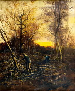 Antique 19C European oil painting: ARTIST: - (Europe, 19 century) TITLE: Sunset Forest Landscape MEDIUM: oil on canvas CONDITION: Some small scratches/paint losses mostly by the upper right corner (see pict
