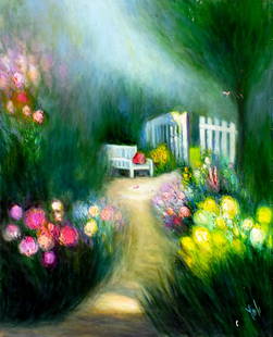 Yolanda Razzeto (Peru,1948-?) oil painting: ARTIST: Yolanda Razzeto (Peruvian, 1948 - ???) TITLE: Flower Garden Landscape with Bench MEDIUM: oil on canvas CONDITION: Unstretched (In-House stretching available). Few