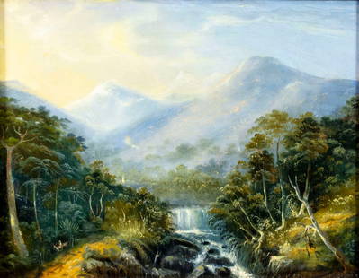 Antique 19C American oil painting: ARTIST: - (American, 19 century) TITLE: Waterfall Landscape MEDIUM: oil on canvas CONDITION: Relined. Some stable craquelure. Some small scattered inpaitings. Small damage