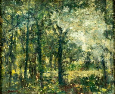 Brock (US,early 20C) oil painting antique: ARTIST: Brock (American, early 20 century) TITLE: Forest Landscape MEDIUM: oil on board CONDITION: Few small paint losses. Some craquelure. No visible inpaint under UV light